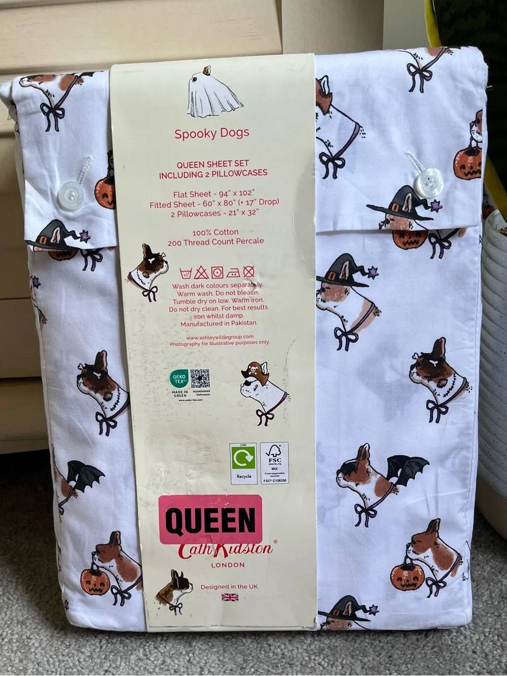 NWT Cath Kidston Halloween Spooky Dog Sheet Set 100% Cotton Queen Size
